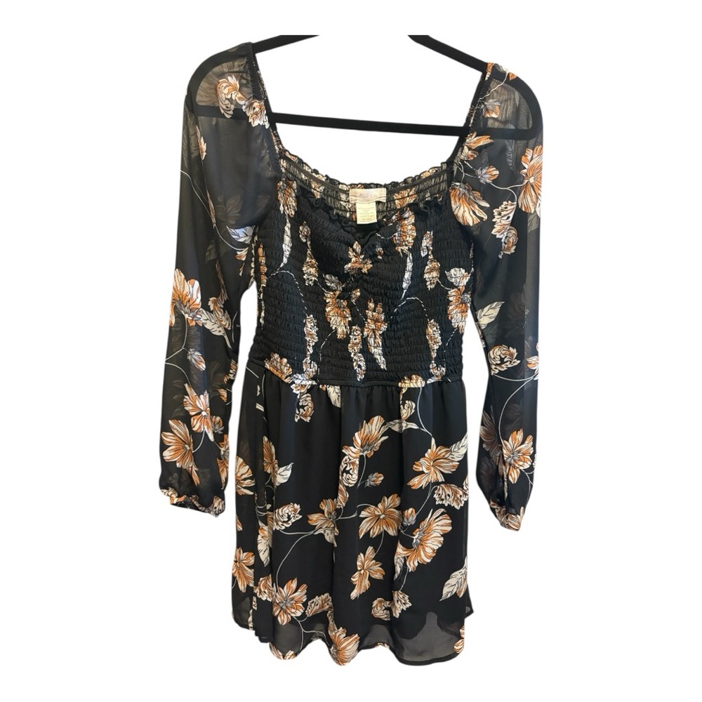 Altar’d State Black Floral Smocked Top with Orange and White Flowers